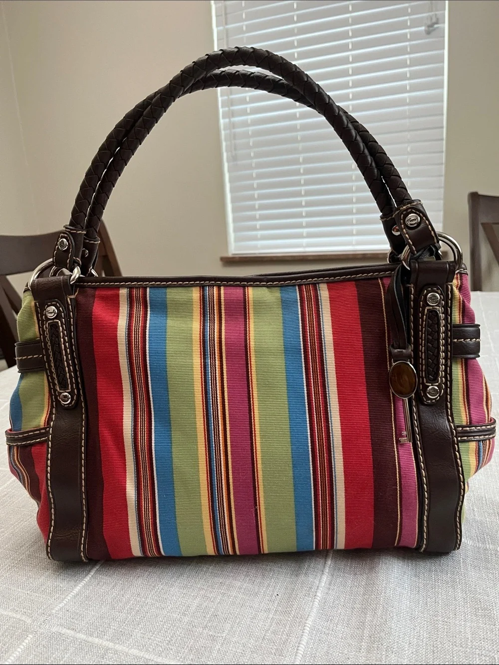 VINTAGE Fossil Multicolor Striped Canvas Shoulder Bag with Brown Leather Trim